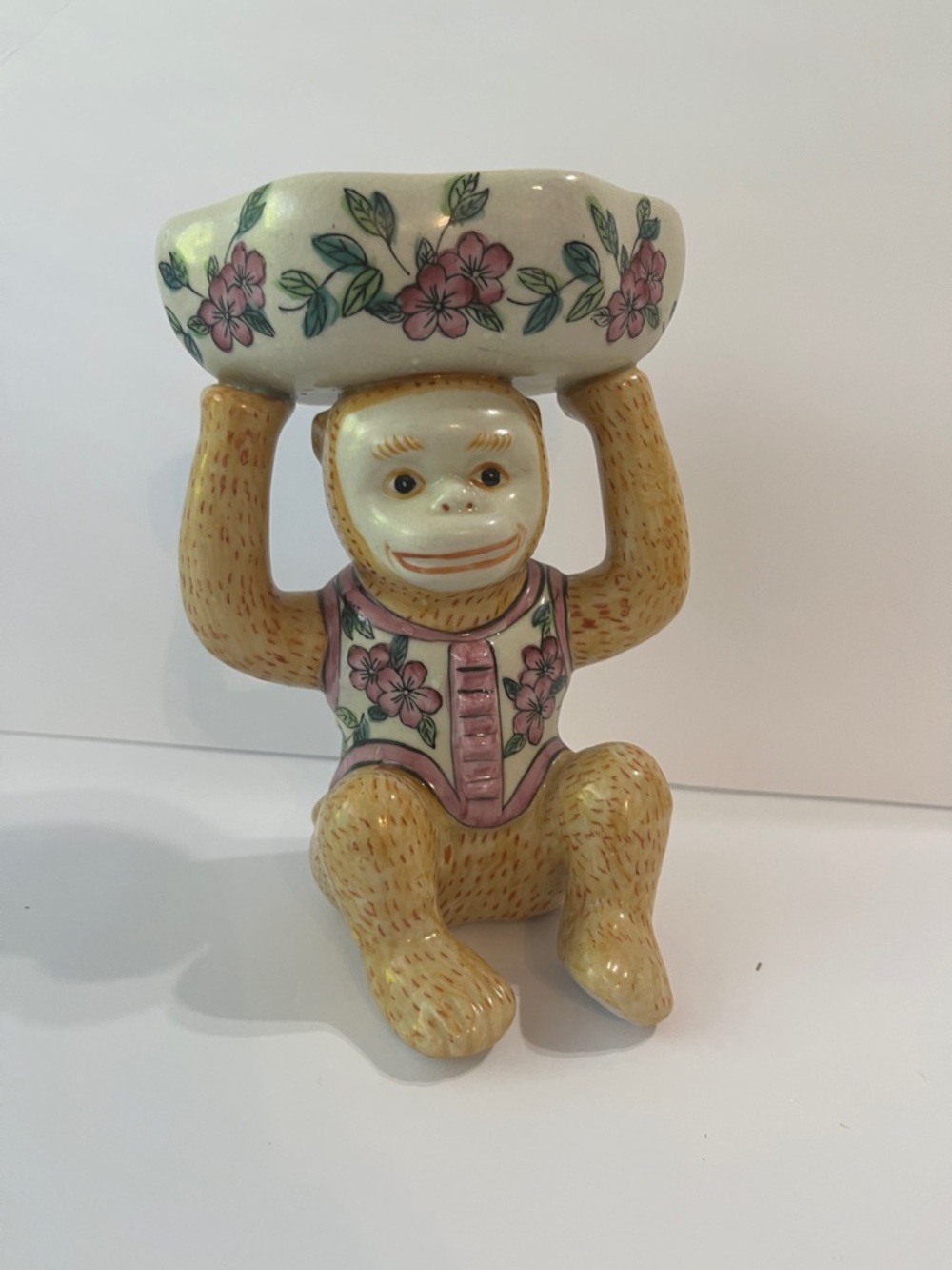 Ceramic Monkey Planter with Pink Floral Bowl
